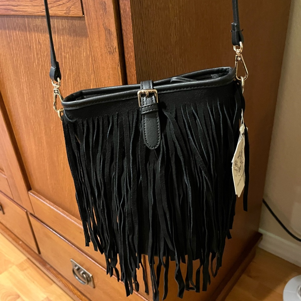 Black Faux Leather Fringe Crossbody